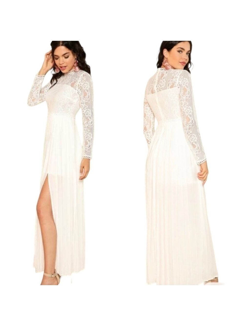 SHEIN White Cotton Nylon Blend Pleated Wedding Dress w/ Lace Bodice & Sleeves S